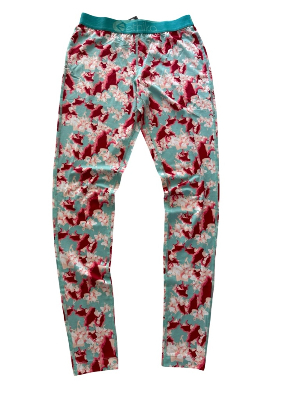 Ethika Women’s Leggings S Teal Red Abstract Floral Print Stretch Waist Cotton